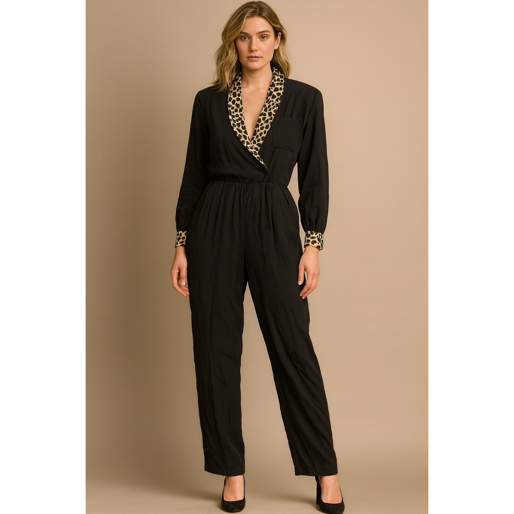 VTG Scarlett Women's 7-8 Black Animal Print Wide Leg  Jumpsuit 90s Y2K Mob House